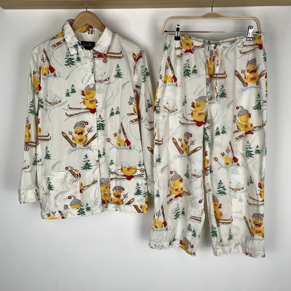 Nick & Nora Sleepwear Pajama 2 Piece Set Skiing Duck Cotton Medium FLAW